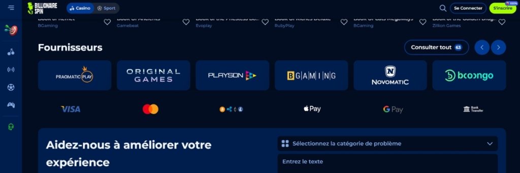 Billionaire Spin Casino Fournisseurs